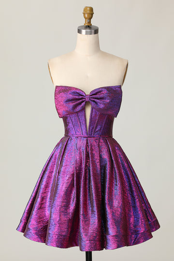 Metallic Dark Purple Strapless A Line Cut Out Corset Short Homecoming Dress